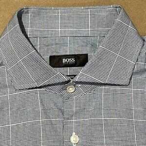 New HUGO BOSS NAVY BLUE & WHITE Dress Shirt, 100% Cotton, Size 38/15 SLIM FIT